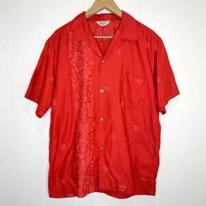 Vintage Malihini Hawaiian Shirt Mens Large Red Print Button Up Short Sleeve